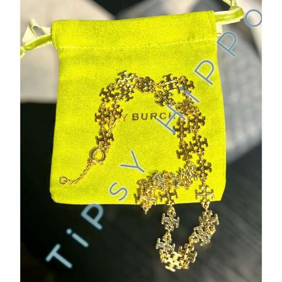 Tory Burch Gold Puzzle Piece Chain Necklace With Adjustable Clasp & Branded Pouc - Picture 4 of 4